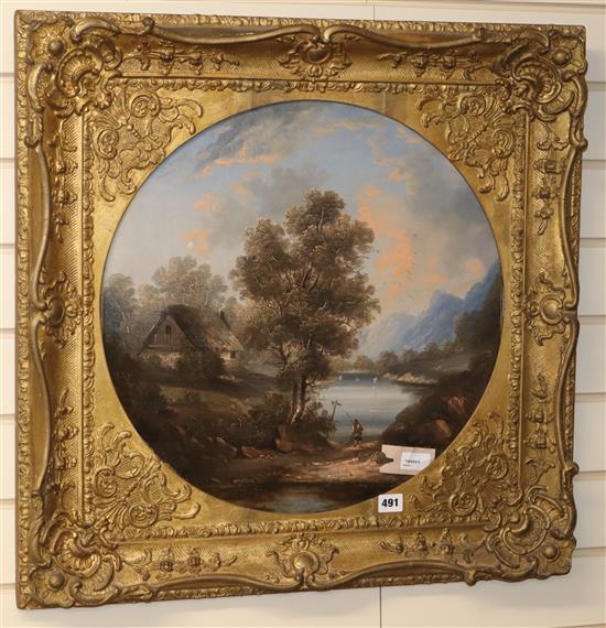 English School (19th century), oil on canvas, Mountain landscape with lake, framed tondo 50cm